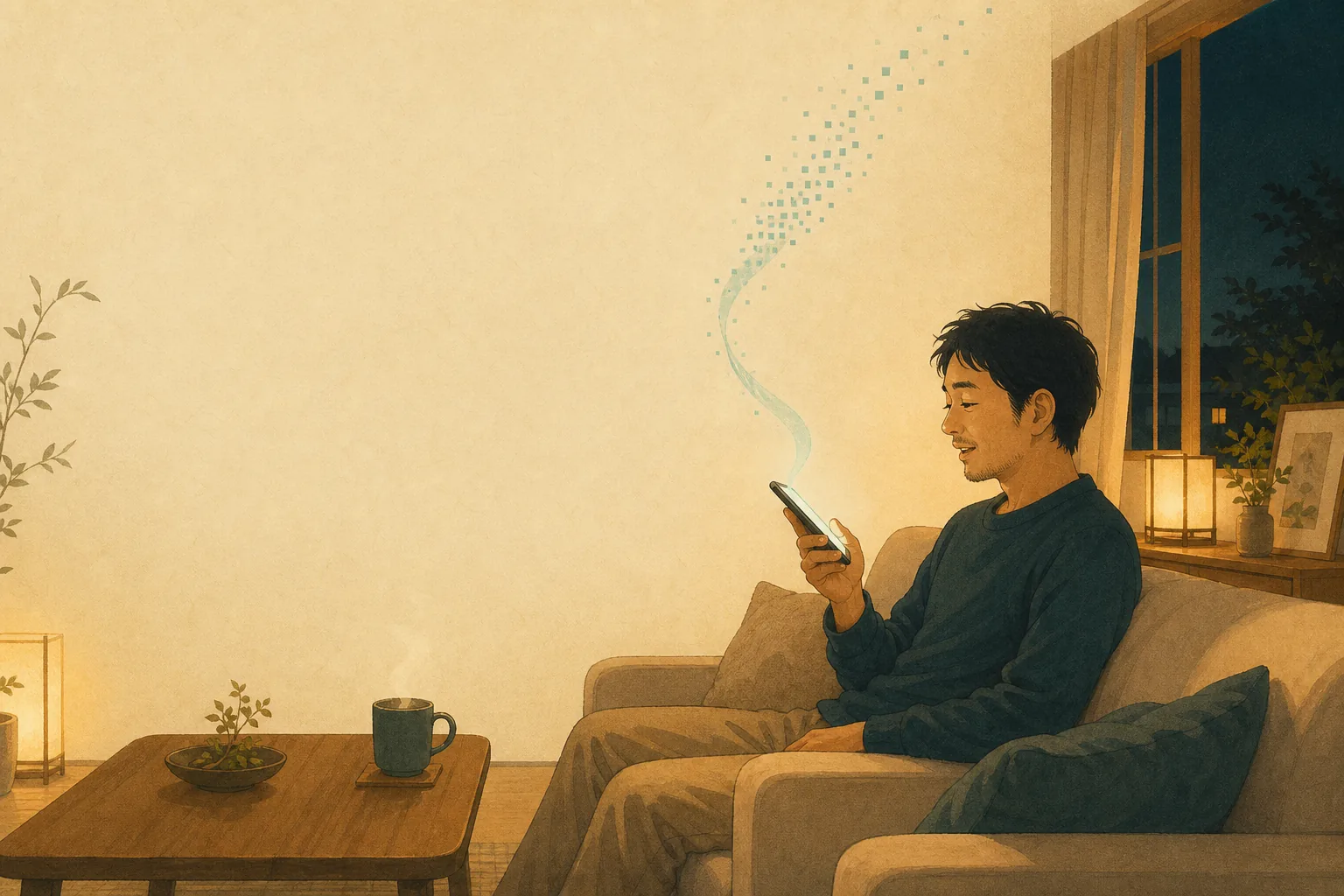 夜のリビングで、寝かしつけを終えた父親がスマートフォンに静かに話しかけている。画面から立ちのぼった光が文字の粒に変わっていく