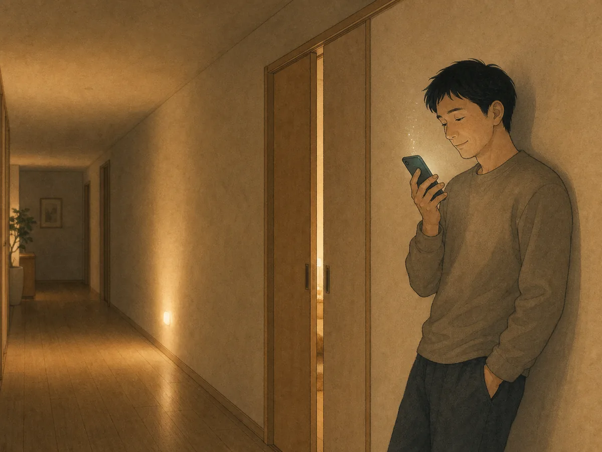 夜の廊下で、子ども部屋の戸をそっと閉めた父親が小声でスマートフォンに話しかけている