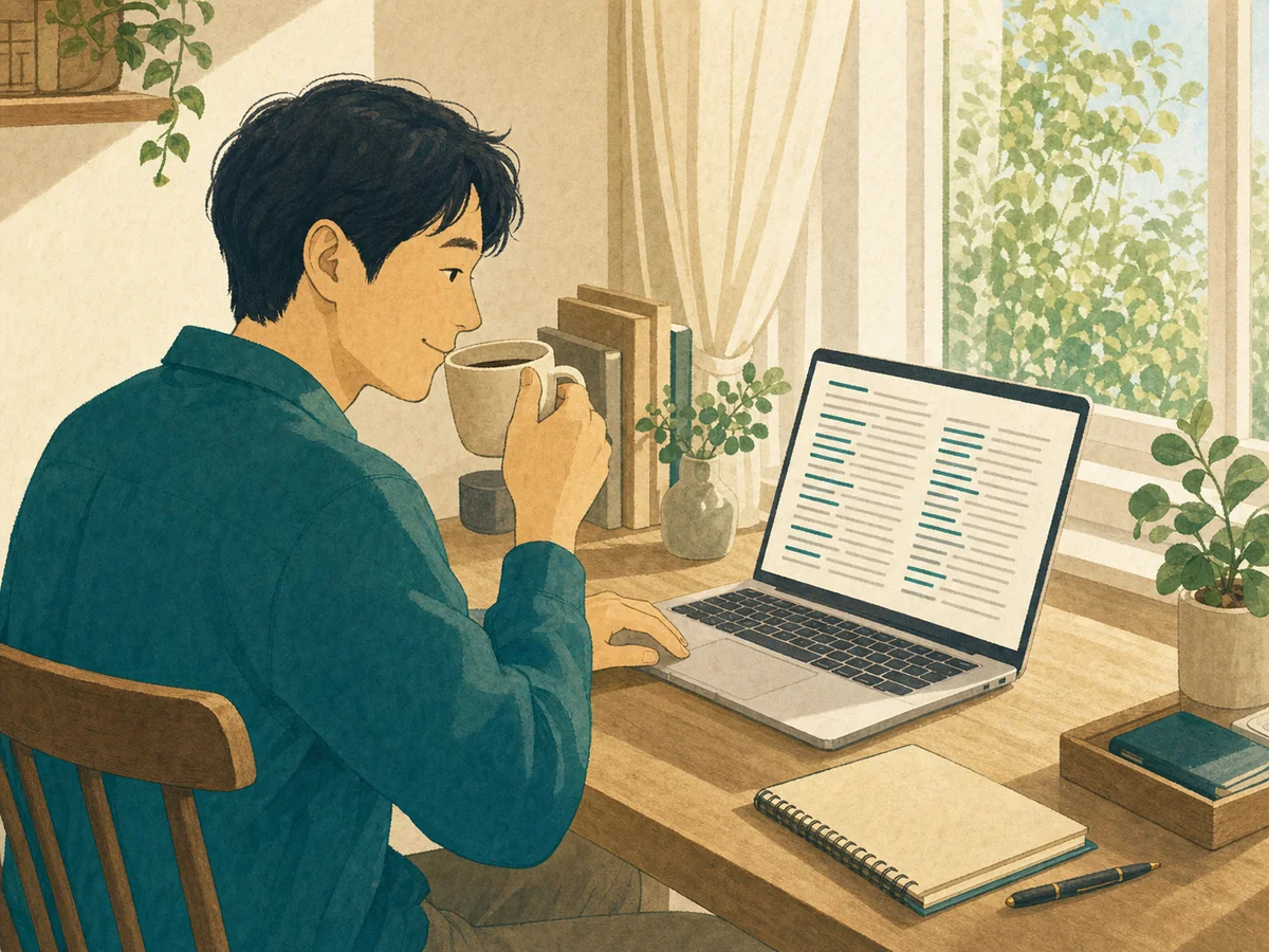 週末の朝、窓辺の机でコーヒーを片手に、積み重なったノートの画面を眺めて微笑む父親